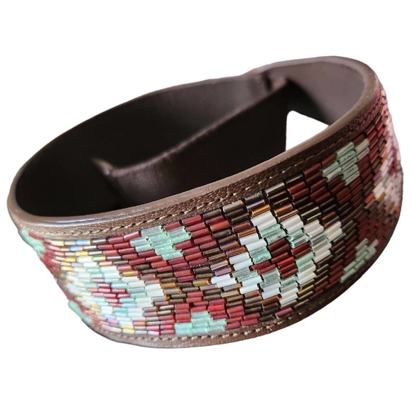 Anthropologie Accessories - Anthropologie Brown Green Boho Western Beaded Leather Elastic Belt Small 29-31"